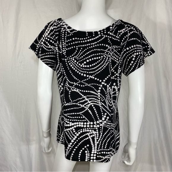 Fred David Stretch Black White Swirled Dot Print Flutter Sleeve Blouse - Picture 2 of 6